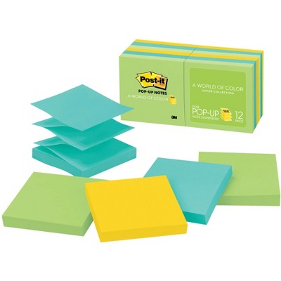 Post-it Pop-Up Original Notes, 3 x 3 Inches, Jaipur Colors, Pad of 100 Sheets, pk of 12