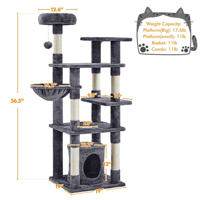 Yaheetech 56.5inch Multilevel Cat Tree Cat Tower with Scratching Posts, 3 of 7
