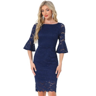 INSPIRE CHIC Women's Bell Sleeve Boat Neck Vintage Cocktail Lace Sheath Dress