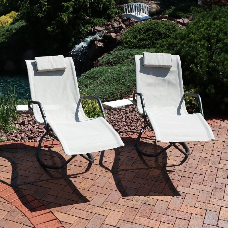 Sunnydaze Outdoor Folding Rocking Chaise Lounge Chair with Headrest Pillows - Beige - 2pk, 2 of 9