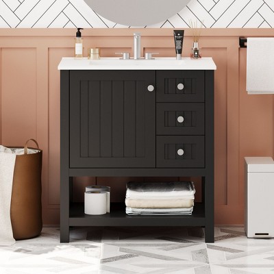 Okak 30" Vintage Style Bathroom Vanity with Sink, Freestanding Bathroom Painted Finish Sink Vanities with Soft Closing Door & Open Shelves