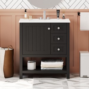 Okak 30" Vintage Style Bathroom Vanity with Sink, Freestanding Bathroom Painted Finish Sink Vanities with Soft Closing Door & Open Shelves - 1 of 4