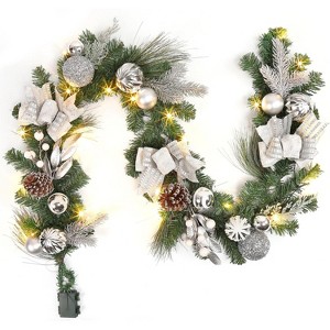6Ft Pre-Lit Christmas Garland, Battery Operated Xmas Garland with 20 LED, Ball Ornaments Ribbons Bows for Mantel Table Centerpiece Home Decor, Silver - 1 of 4