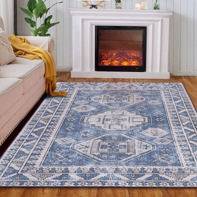 Washable Vintage Printed Rug Non Slip Low Pile Rug Soft Throw Floor Cover Foldable Indoor Carpet for Living Room Bedroom Playroom