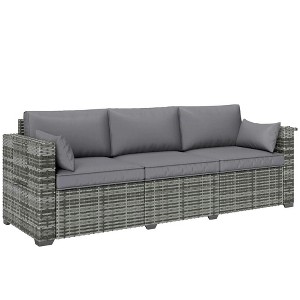 Resenkos 3 Seater Wicker Sofa with Side Trays, Outdoor Patio Couch with 6" Thick Back Cushions, Deep Seating, Mixed Gray - 1 of 4