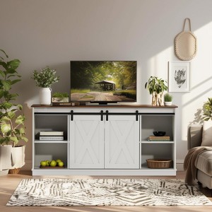Vynxaria Modern 65 Inch Solid Wood TV Cabinet, White, Double-Layer Storage, Sliding Doors, Adjustable Shelves - 1 of 4