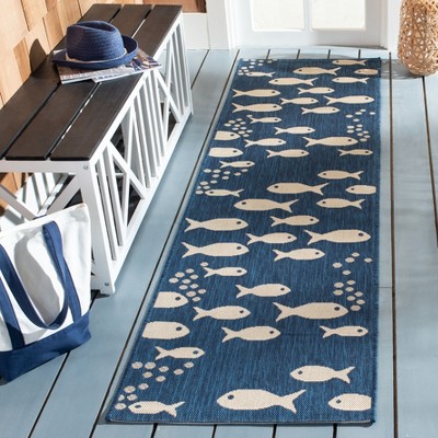 Navy and Beige Synthetic Fish Pattern Runner Rug