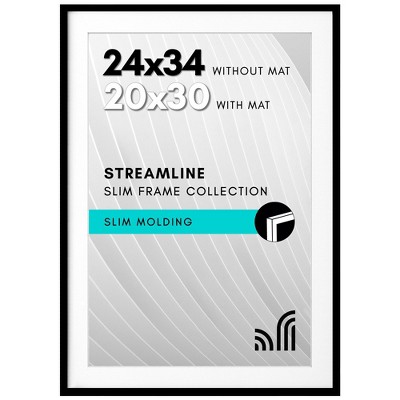 Americanflat 24x34 Poster Frame with Polished Plexiglass - Use as 20x30 Frame with Mat or 24x34 Frame Without Mat - Streamline Collection - Black