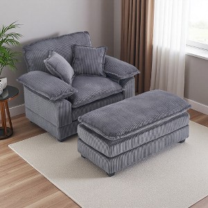 56.3" Corduroy Single Sofa Chair with Pillows and Ottoman - 1 of 4