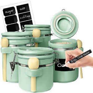 4-Piece Ceramic Kitchen Canisters Set, Airtight Jars with Wooden Spoons Reusable Chalk Labels and Marker for Sugar, Coffee, Flour, Tea - 1 of 4