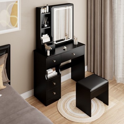 Vanity Desk Set, Cabinet Vanity Table + Cushioned Stool, Extra Large Touch Control Sliding LED Mirror, Tri-color Switching, Brightness Adjustable