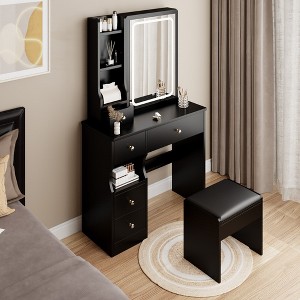 Vanity Desk Set, Cabinet Vanity Table + Cushioned Stool, Extra Large Touch Control Sliding LED Mirror, Tri-color Switching, Brightness Adjustable - 1 of 4