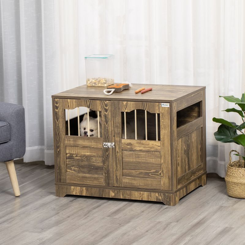 PawHut Wooden Dog Kennel, End Table Furniture with Lockable Door, Small & Medium Size Pet Crate Indoor Puppy Cage, Brown, 3 of 7