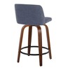 Toriano Mid-Century Modern Fixed-Height Counter Stool with Swivel, Wood, and Blue Fabric Upholstery by LumiSource - Set of 2 - 4 of 4