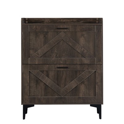 Vynxaria Shoe Cabinet with 2 Flip Drawers & Open Shelves, Slim Modern Entryway Storage for Heels, Boots, Slippers, Freestanding, Brown.