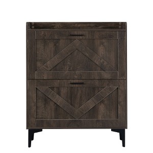 Vynxaria Shoe Cabinet with 2 Flip Drawers & Open Shelves, Slim Modern Entryway Storage for Heels, Boots, Slippers, Freestanding, Brown. - 1 of 4
