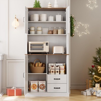 Pantry Cabinet with 2 Drawers and Open Shelves, Tall Freestanding Kitchen Pantry Cabinet with Microwave Shelf