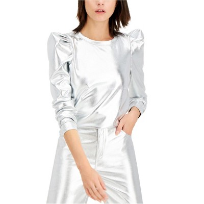 I.N.C International Concepts Womens Metallic Puff-Sleeve Pullover Blouse, Metallic, Small