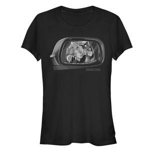Juniors Womens Jurassic Park T. Rex In Rearview Mirror, Objects Are Closer T-Shirt - 1 of 3