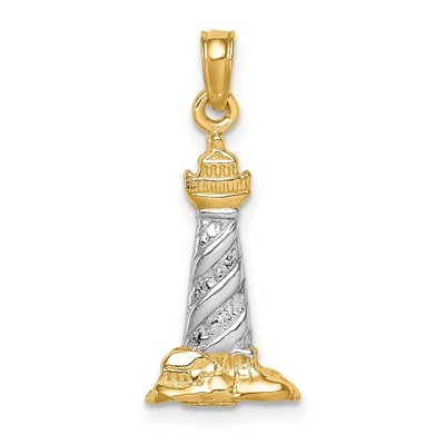 Black Bow Jewelry 14k Yellow Gold and White Rhodium 3D Cape Hatteras Lighthouse Pendant