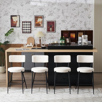 24"Set of 4 modern teddy fabric upholstered bar stools - Metal base high stool - Suitable for kitchen,Black+Golden