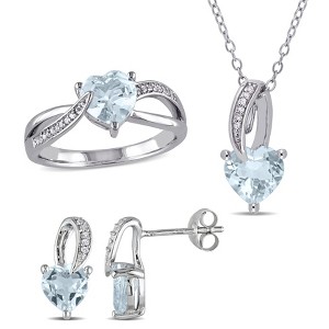 EVERLY JEWELRY |4 1/3 CT TGW Aquamarine and 1/10 CT TDW Diamond Heart-Cut Pendant with Chain Earrings and Ring Set in Sterling Silver - 1 of 4
