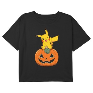 Girl's Pokemon Halloween Jack-o'-Lantern Pikachu Crop Top T-Shirt - 1 of 3