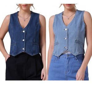 INSPIRE CHIC Women's Sleeveless V Neck Button Down Jean Crop Denim Tank Tops 2 Packs - 1 of 4