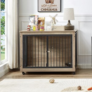 Dog Kennel End Table With 3 Metal Fence Door Particle Board Dog Cages With Wheels & Flip-top Door For Large Breed Dogs Indoor Dog Kennel - 1 of 4