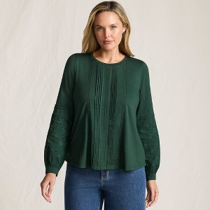 Lands' End Women's Lightweight Jersey Lace Mix Long Sleeve Pintuck Top - 1 of 4