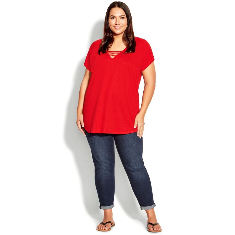 Women's Plus Size 3 Bar V-Neck Top - salsa red | AVENUE, 2 of 7
