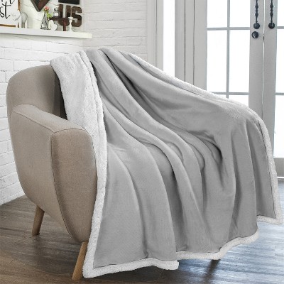 Light Gray Reversible Sherpa Fleece Throw Blanket