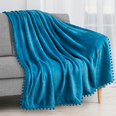 PAVILIA Fleece Pom Pom Blanket Throw for Sofa Bed Soft Lightweight Pompom Fringe Blanket for Couch Teal Blue Throw 50x60