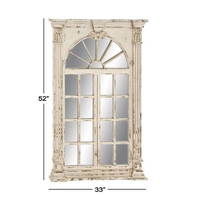 Cream Wood Windowpane Arched Wall Mirror with Distressed Finish