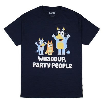 Bluey Men's Whaddup Party People Graphic Print T-Shirt, X-Large Adult Blue