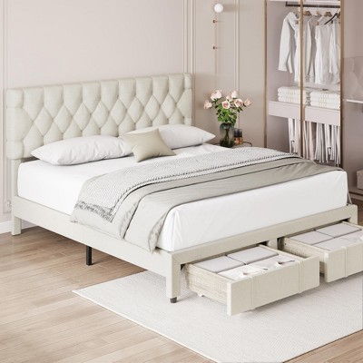 Queen Size Bed Frame with 2 Storage Drawers, Upholstered Platform Bed Frame