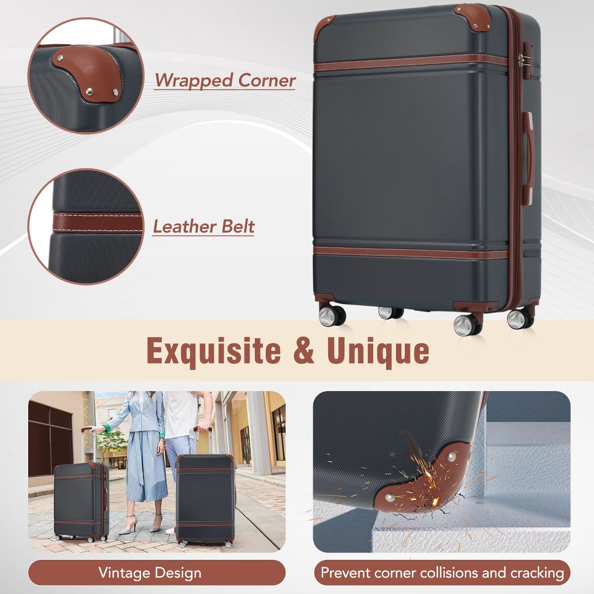 Polibi 3‑Piece Vintage-Inspired ABS Hardshell Luggage Set - thumbnail 4