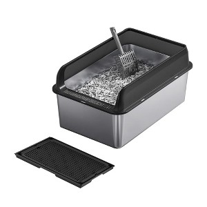 XL Stainless Steel Litter Box with Lid, Litter Box for Big Cats with Sifter Scoop and Double Layer Litter Mat, 8" Deep Metal Cat Litter Box - 1 of 4
