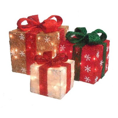 Northlight Set of 3 Lighted Gold and Green Gift Boxes Christmas Outdoor Yard Art Decor 13"