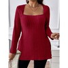 Women Plus Size Top Fall Lightweight Square Neck Long Sleeve Shirts Side Split Ribbed Knit Sweaters - 3 of 4