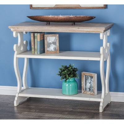 Cottage Charm White and Natural Wood 2-Tier Console Table with Storage
