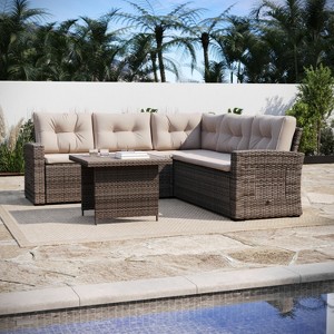 Flash Furniture Huck Indoor/Outdoor Wicker Rattan Conversation Set, L-Shaped Sofa with Dining Table, Weather Resistant Cushions - 1 of 4
