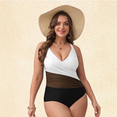 Women's Plus Size Color Block Swimsuit with V-Neck and Crisscross Back - Cupshe