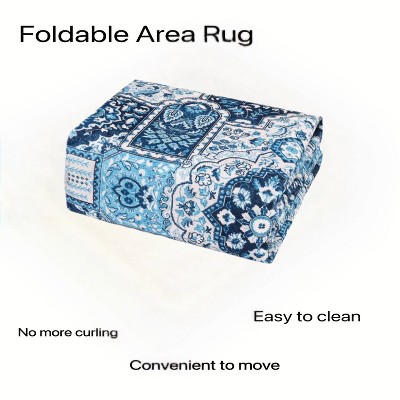Blue Floral Chenille Washable Non-Slip 8' x 10' Area Rug
