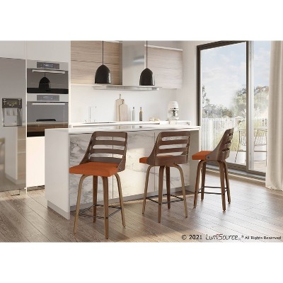 Set of 2 Orange Upholstered Walnut Wood Swivel Counter Stools