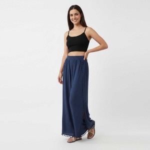 Cherie Code Women's Cotton Wide Leg Pants with Side Split and Pom Trim – Casual Fit - 1 of 4