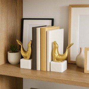 Stylish Metal Sea Lion Bookends on Marble Base - Decorative Book Ends for Bookshelf, Office Desk, Home Library, or Shelf - Set of 2, 8", Gold & White - 1 of 4