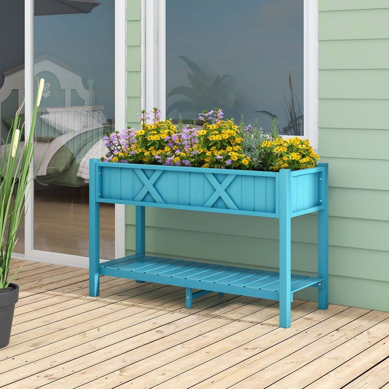 Costway HIPS Raised Garden Bed Poly Wood Elevated Planter Box with Legs, Storage Shelf Blue/Coffee/Black, 4 of 11