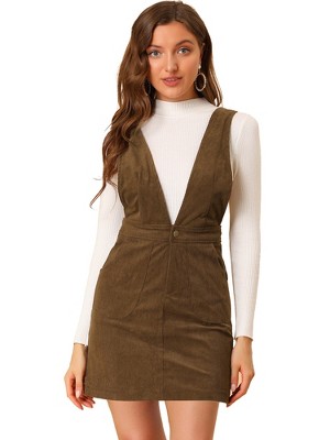 INSPIRE CHIC Women's V-Neck Corduroy Strap Back Overall Mini Pinafore Dress