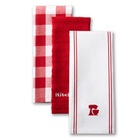 KITCHEN AID KITCHEN TOWELS (2) RED WHITE BLOCKS 100% COTTON NIP
